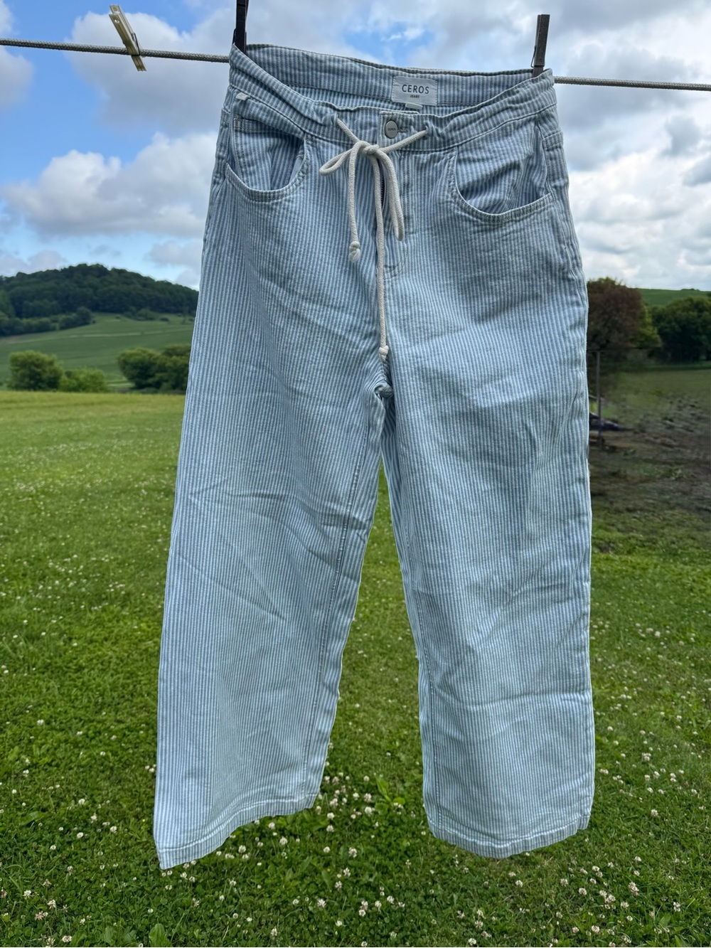 Ceros Railroad Stripe Wide leg Denim Jeans Drawstring waist 27